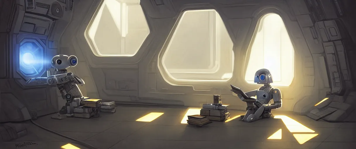 Prompt: digital painting of a droid robot reading a book, concept art, by Ralph mcquarrie, sunlight pouring through window, large scale, high detail, futuristic, godrays, volumetric lighting, warm lighting