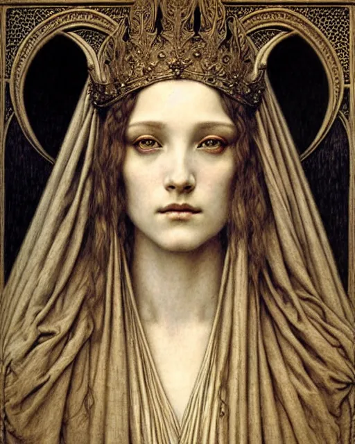 Image similar to detailed realistic beautiful young medieval queen face portrait by jean delville, gustave dore and marco mazzoni, art nouveau, symbolist, visionary, gothic, pre - raphaelite. horizontal symmetry