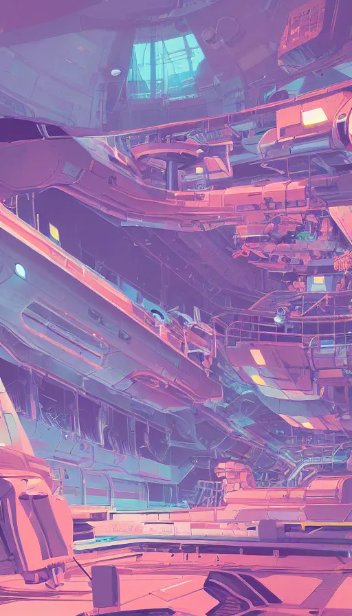 Image similar to spaceship factory inside a space station, sharp focus, james gilleard, moebius, print, risograph, cinematic, game art