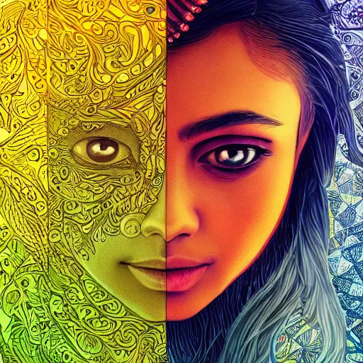 Image similar to the face of a ridiculously beautiful and pretty indian woman partially made of onion rings of all colors looking up, an ultrafine detailed illustration by james jean, final fantasy, intricate linework, bright colors, behance contest winner, vanitas, angular, altermodern, unreal engine 5 highly rendered, global illumination, radiant light, detailed and intricate environment