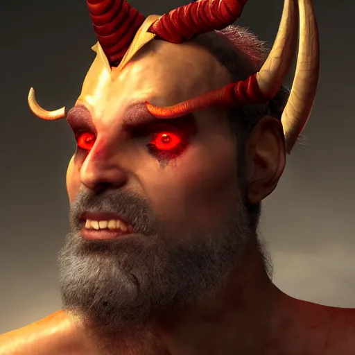 Prompt: a d & d style male tiefling, with red skin, completely golden eyes, and a black beard, with 2 horns protruding out of his forehead which curve back, one is broken at a quarter of the length of the other, octane render, unreal engine 6, conceptual art, ray tracing