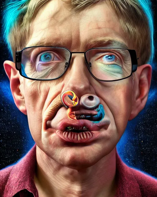 Image similar to portrait ultra dimensional stephen hawking, accidentally tripping on dmt and acid, psychedelic experience, overwhelming psychosis of self realization and burning awakening, ultra high definition, unreal engine 5, hyperrealism, masterpiece composition, by casey weldon, barclay shaw 8 k photorealistic