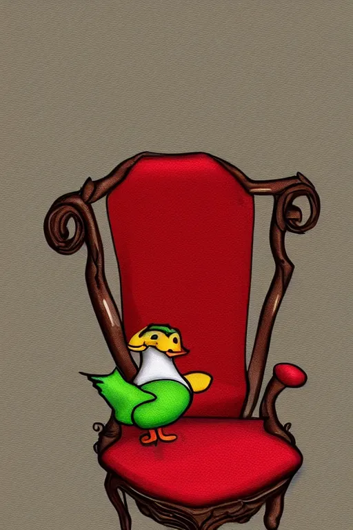 Prompt: digital illustration of a cute duck with a tie in an ornate red chair, digital art, award winning, trending on artstation