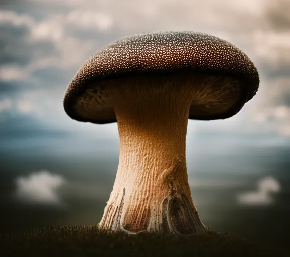 Prompt: a giant mushroom covers a whole kingdom and reaches above the clouds. intricate. lifelike. soft light. sony a 7 r iv 5 5 mm. cinematic post - processing