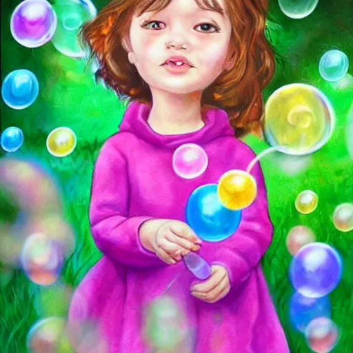 Image similar to a little girl in a beautiful garden blowing bubbles. beautiful cartoon painting art, high quality, detailed face, on a birthday card