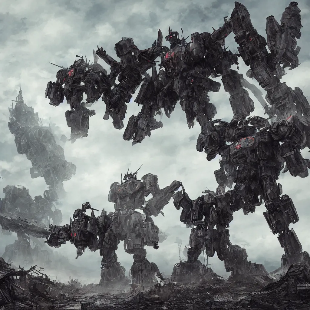 Prompt: two giant mechas fighting over a ruined Japan, massive scale, atmospheric, fog, industrial, bulky, concept art, photorealistic, overcast, ground crew, wreckage