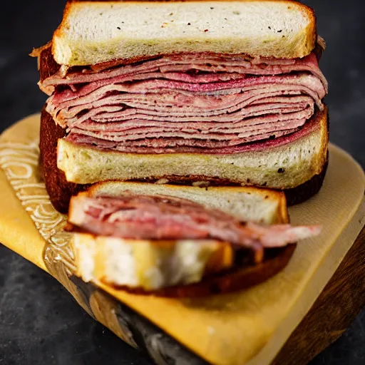 Prompt: a photograph of a rueben sandwich filled with so much cornbeef - pastrami that the sandwich is 5 times taller than other sandwiches, it looks mouth watering with melting cheeses and grilled onions, 1 0 0 0 island dressing and pumpernickle bread cooked to perfection, food photography