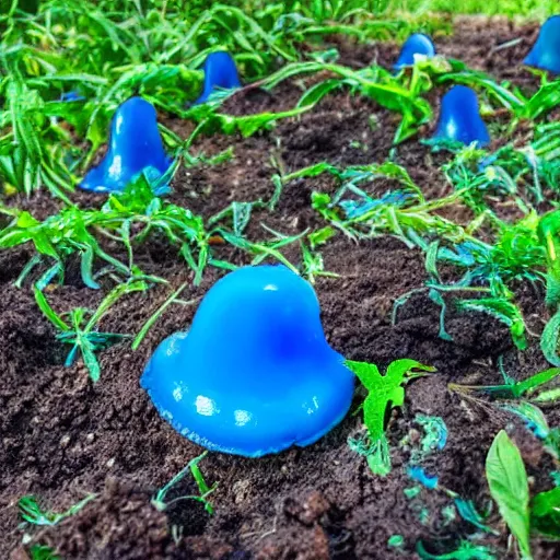 Prompt: a gelatinous blue jello mushroom growing out of the ground