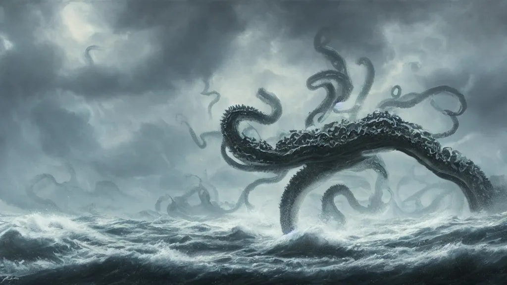 Image similar to A kraken rising out of a stormy sea, concept art, oil on canvas painting, 8k, highly detailed, artstation