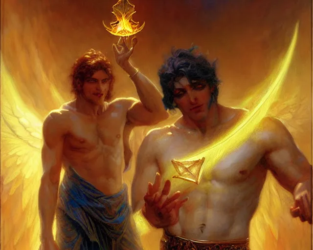 Image similar to attractive male deity, casting demonic magic, summoning handsome lucifer morning star. highly detailed painting by gaston bussiere, craig mullins, j. c. leyendecker 8 k