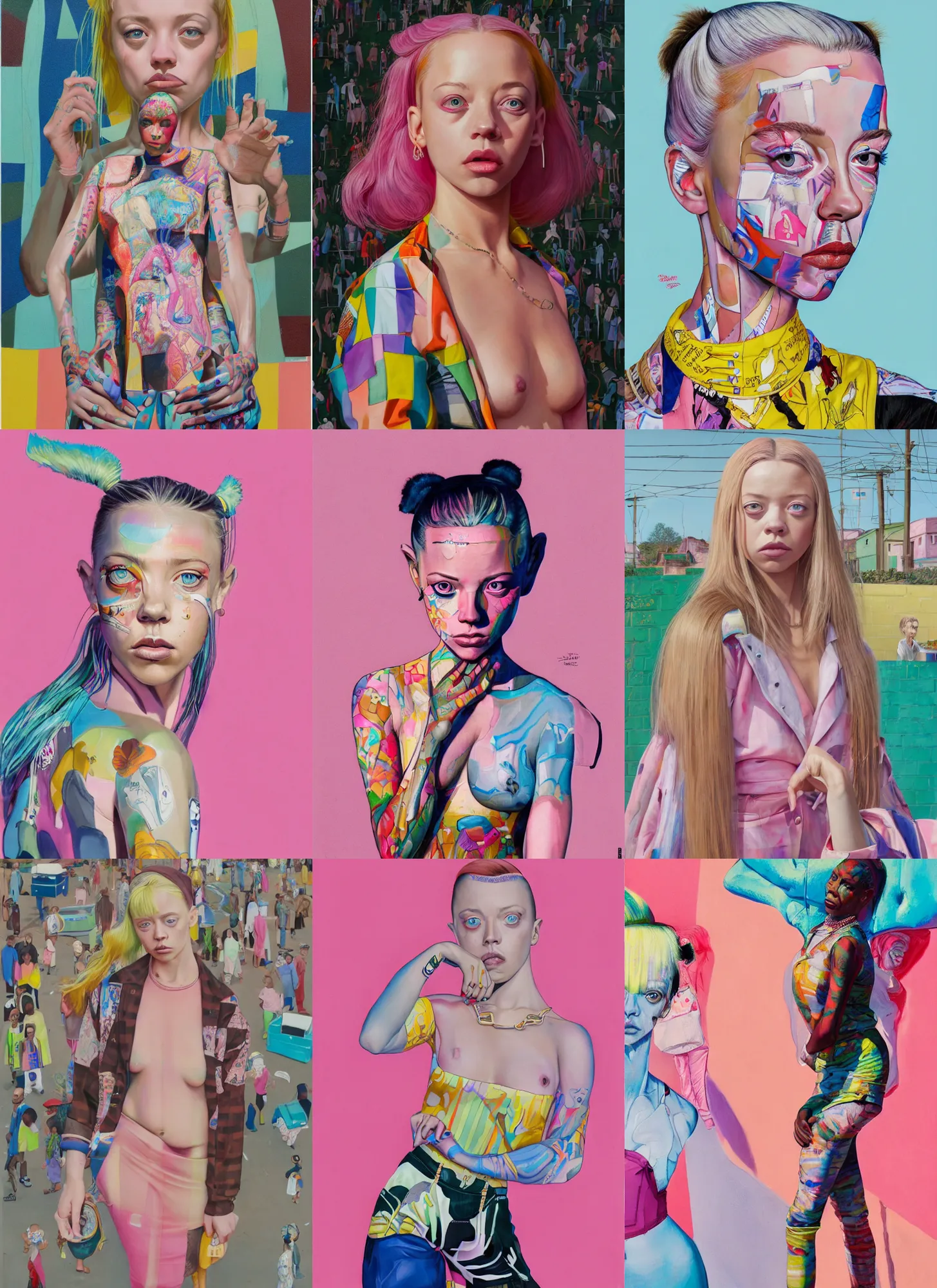 Prompt: still from music video of sydney sweeney from die antwoord standing in a township street, street fashion clothes, haute couture, full figure portrait painting by martine johanna, njideka akunyili crosby, rossdraws, pastel color palette, 2 4 mm lens