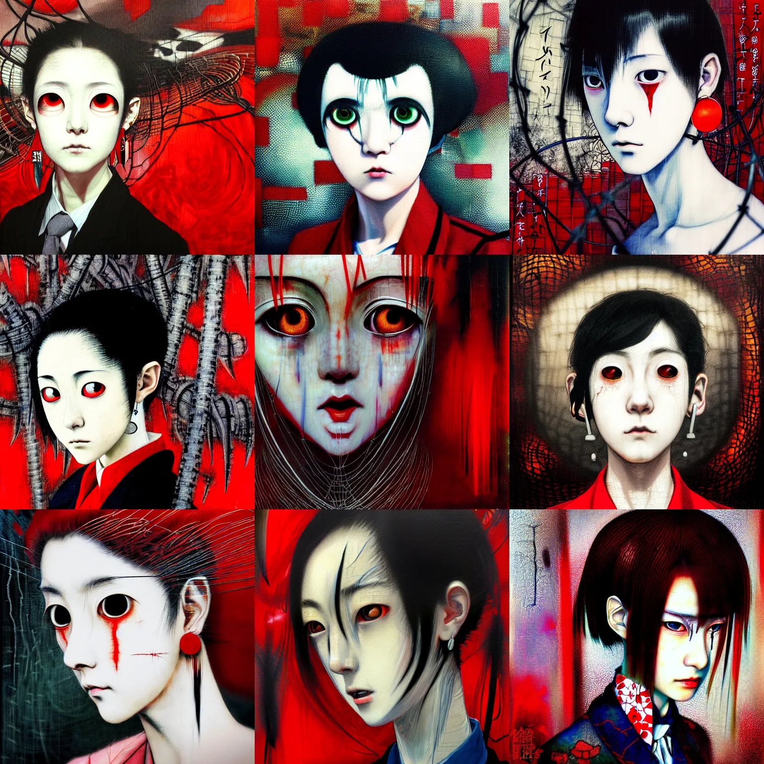 Prompt: yoshitaka amano blurred and dreamy realistic three quarter angle portrait of a sinister young woman with short hair, big earrings, barbed wire and red eyes wearing office suit with tie, junji ito abstract patterns in the background, satoshi kon anime, noisy film grain effect, highly detailed, renaissance oil painting, weird portrait angle, blurred lost edges