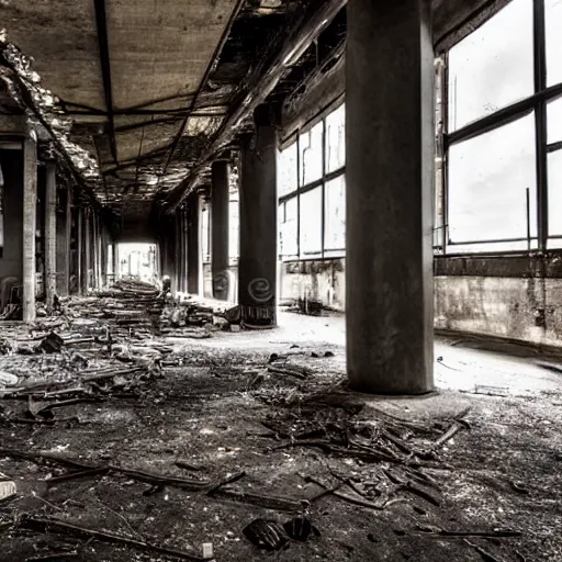 Prompt: interior of a large decayed industrial hall, cleaned up, modern sculptures, dramatic lighting, phase one photo,