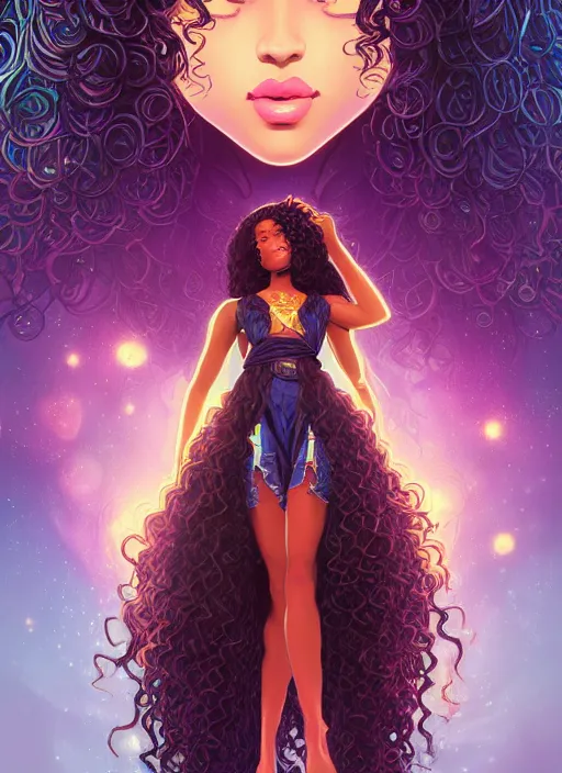 Image similar to beautiful black girl with long curly hair, cute, intricate, highly detailed, retrowave epic art, digital painting, trending on artstation, concept art, smooth, sharp focus, backlit, rim light, vivid colors, illustration, unreal engine 5, 8 k, art by rossdraws and alphonse mucha