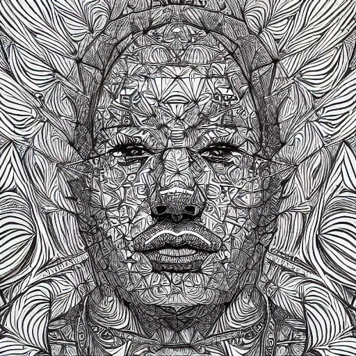 Image similar to Geometrically surreal Artificially Intelligent beings, extremely high detail, photorealistic, intricate line drawings, dotart, album art in the style of James Jean