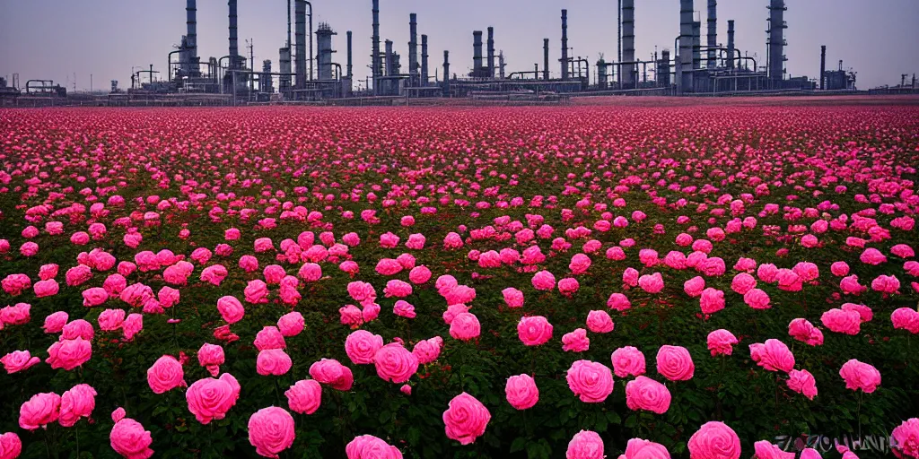 Prompt: a beautiful big field of rosses with in the background industry buildings with dirty smoke fire oil refinery, global illumination, by zeng fanzhi