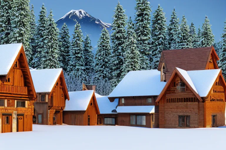 Prompt: modern half-timbered houses with in the forest with Elbrus mountain covered by snow on the background, architecture, 3d render 8k , high details