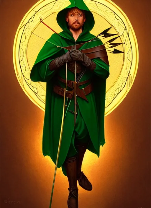 Prompt: symmetry!! portrait of robin hood as a saint in a green medieval suit with a bow and arrows, golden hour, intricate, elegant, highly detailed, digital painting, artstation, concept art, smooth, sharp focus, illustration, art by artgerm and greg rutkowski and alphonse mucha