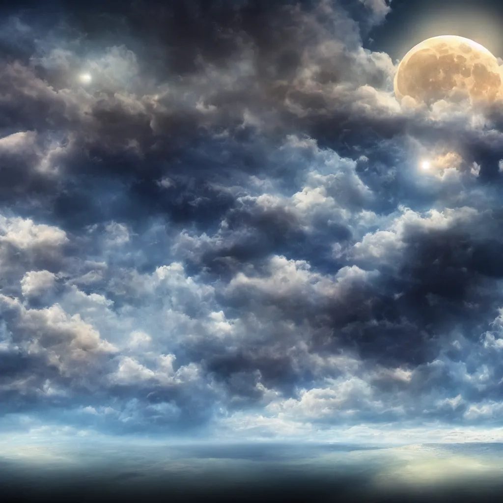 Prompt: fantasy realistic horizon, sky, surreal, clouds, moon