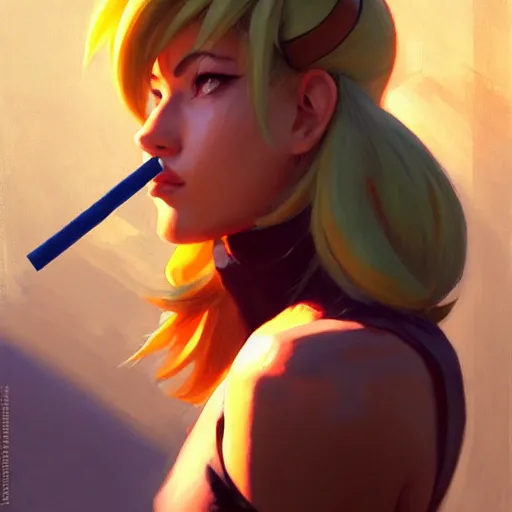 Prompt: Greg Manchess portrait painting of Samus Aran as Overwatch character smoking a cigarette, medium shot, asymmetrical, profile picture, Organic Painting, sunny day, Matte Painting, bold shapes, hard edges, street art, trending on artstation, by Huang Guangjian and Gil Elvgren and Sachin Teng