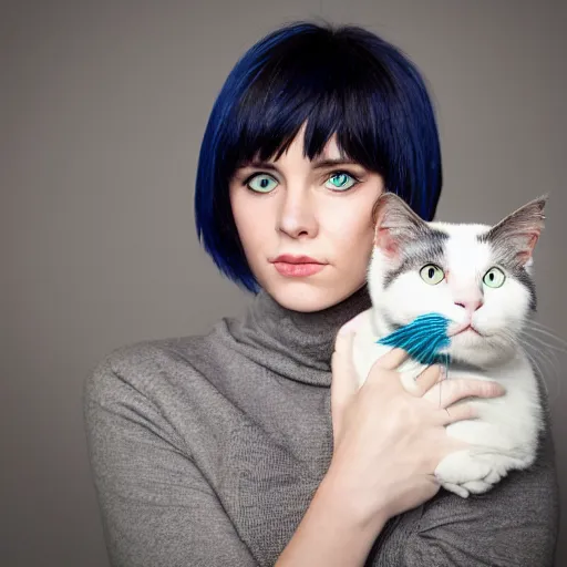 Image similar to A beautiful woman with blue short hair with bangs and green eyes holding a grey and white cat, full body portrait, highly detailed, excellent composition, dramatic lighting, realistic 4k