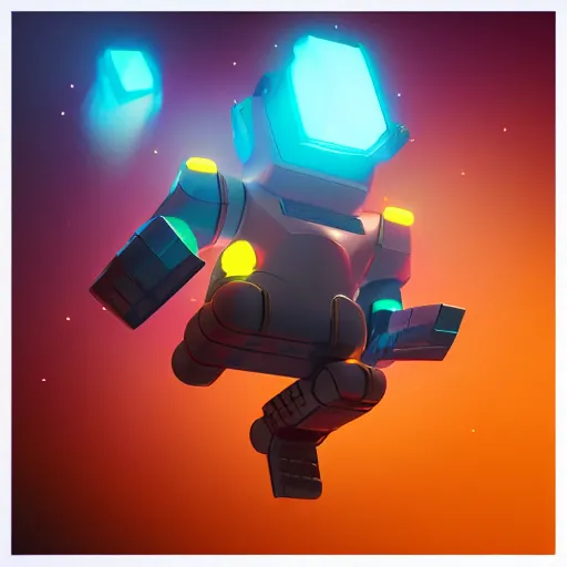 Image similar to isometric cat robot floating in space, 3D character realistic, very colourful, cinematic lighting, soft neon, octane render, trending on Artstation