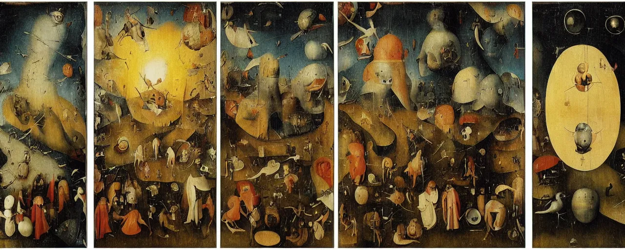 Prompt: World Peace Triptych by Hieronymus Bosch, surreal oil painting, highly detailed, dream like, masterpiece