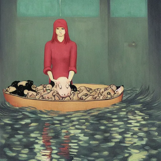 Image similar to tall female emo artist holding a pig in her flooded apartment, mushrooms, octopus, water gushing from ceiling, painting of flood waters inside an artist's apartment, a river flooding indoors, pomegranates, pigs, ikebana, zen, river, rapids, waterfall, black swans, canoe, berries, acrylic on canvas, surrealist, by magritte and monet