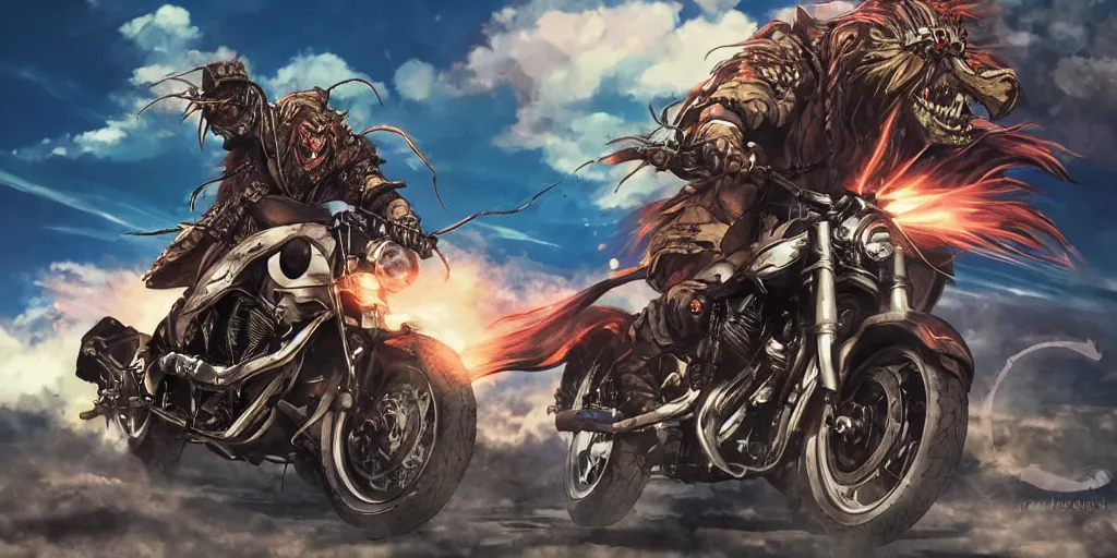 Image similar to high quality anime movie still, motorcycle, stylized action shot of an orc popping a wheelie on a motorcycle, menacing orc, clear focused details, soft airbrushed artwork, black background, apocalyptic, studio ghibli, miyazaki, anime style