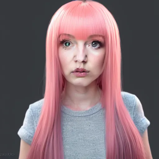 Image similar to A portrait of Nikki from Shining Nikki, a cute 3d cgi toon young woman with long pink hair, full bangs, hazel amber eyes, full face, light makeup, pale skin, Chinese, medium shot, mid-shot, soft focus, 4k, trending on artstation