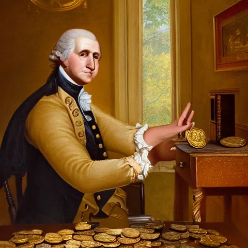 Image similar to a closeup photorealistic photograph of a happy George Washington inspecting small gold Doubloon coins at his home on Cherry Street. This 4K HD image is Trending on Artstation, featured on Behance, well-rendered, extra crisp, features intricate detail and the style of Unreal Engine.