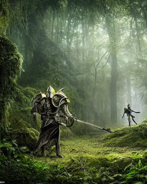 Prompt: a strong knight walking towards an ominous goddess in a densely overgrown, eerie jungle, fantasy, stopped in time, dreamlike light incidence, ultra realistic