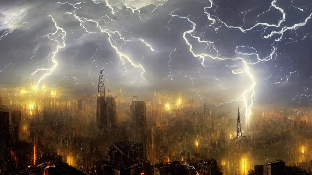Prompt: Charlotte North Carolina city attacked by War of The Worlds Tripod robots painted by Thomas Cole with dramatic lightning, concept art, matte painting, 8k, highly detailed, artstation