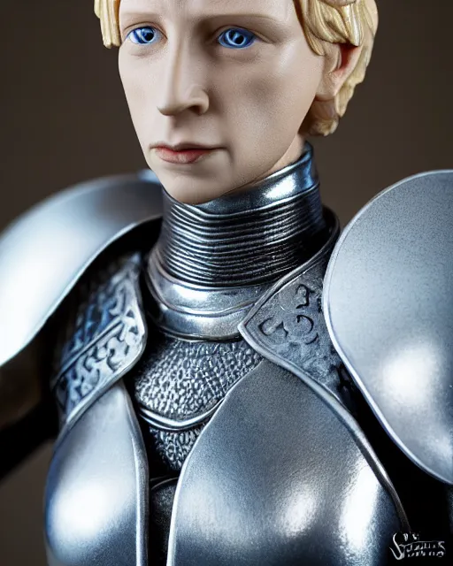 Prompt: portrait of a figurine of brienne of tarth from the fantasy series game of thrones. glossy. silver helmet, silver shoulder pads. shallow depth of field. suit of armor.