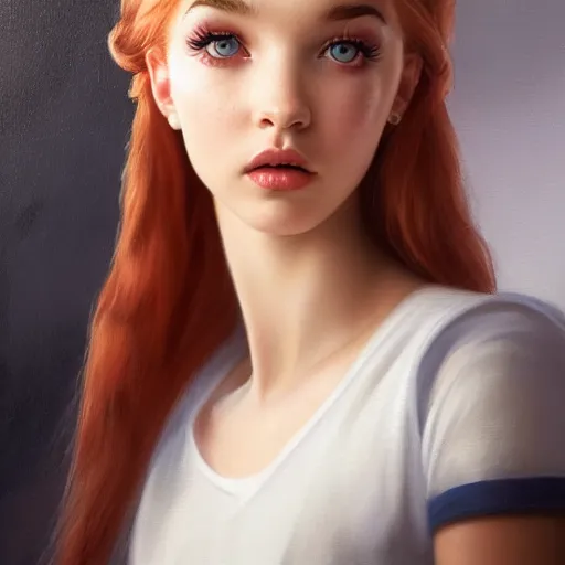 Prompt: tom bagshaw portrait, very beautiful mix of dove cameron madison beer bella poarch in a sailor suit, short thin redhead, professionally retouched, focus eyes, ultra realistic soft painting, insanely detailed linework, symmetrical accurate intricate features, behance artstation, 8 k, - signature