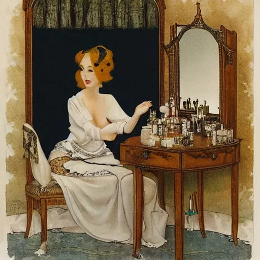 Image similar to a young woman seated at a dressing table, looking at herself in a mirror. She is wearing a white dress and a pearl necklace. Her hair is styled in a loose updo. On the table in front of her are several perfume bottles and a box of powder. dieselpunk by John Bauer