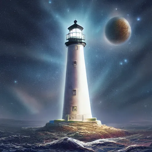 Prompt: the lighthouse in the middle of the galaxy , wide angle shot, diffuse lighting, fantasy, intricate, elegant, highly detailed, lifelike, photorealistic, digital painting, illustration, concept art, smooth, sharp focus, A24!film cinematography