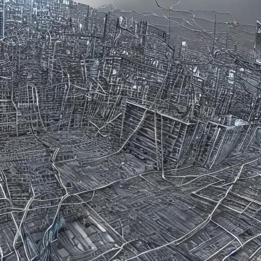 Image similar to photorealistic, hdr, highly detailed, 4 k, city made out of shiny silver wire