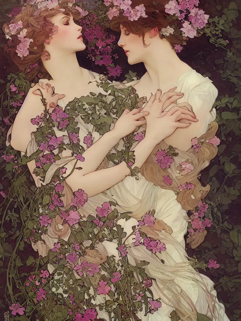 Prompt: sensual woman, wrapped in flowers, art by Charlie Bowater, Alphonse Mucha