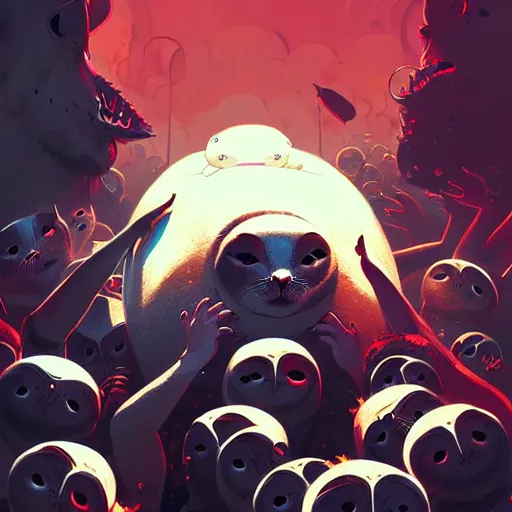 Image similar to highly detailed metal album cover featuring a cute white baby seal in a mosh pit by atey ghailan, by greg rutkowski, by greg tocchini, by james gilleard, by joe fenton, by kaethe butcher