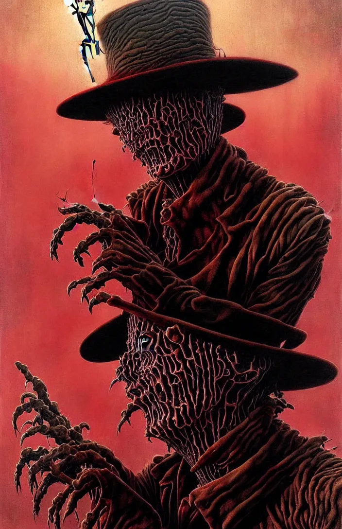 Image similar to freddy krueger in the style of wayne barlowe, gustav moreau, goward, bussiere, roberto ferri, santiago caruso, luis ricardo falero, dali