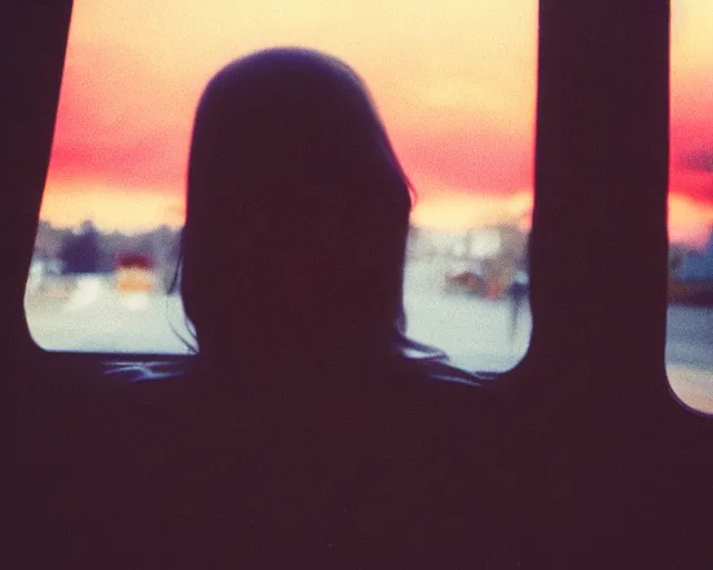 Image similar to lomo photo of shy goth girl sitting in empty bus, sunset, cinestill, bokeh