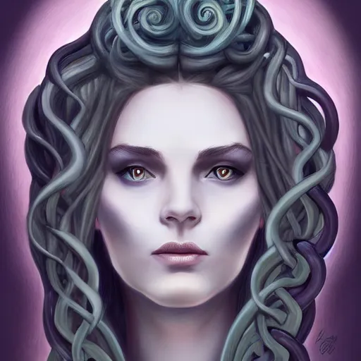 Prompt: character concept portrait of a beautiful woman with pale full face, medusa, snakes for hair, blue / grey eyes, intricate, elegant, digital painting, art nouveau, smooth, focus, rim light