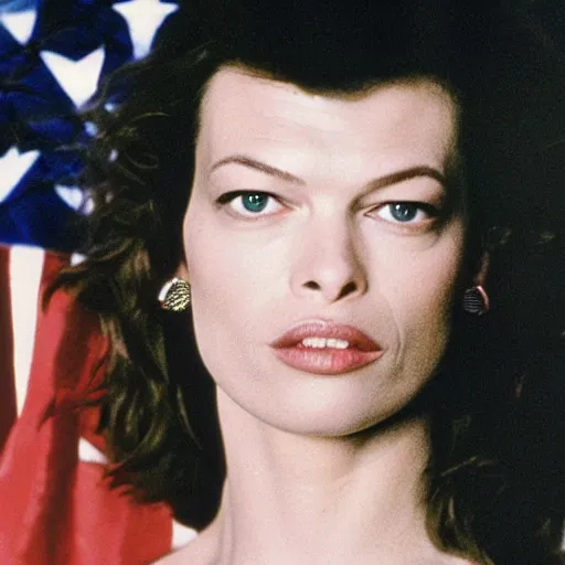 Image similar to 80s movie still close-up facing portrait of Mila Jovovich standing in a ceremony, by Irving Penn , Cinestill 800t 35mm , heavy grainy picture, very detailed, high quality, 4k, HD criterion, precise texture, with a large sovietic flag