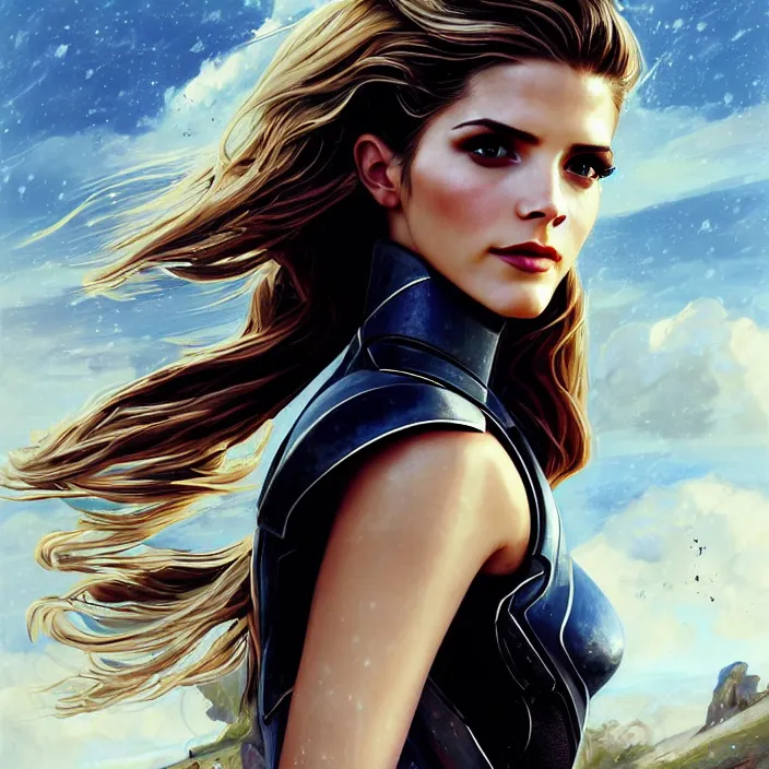 Image similar to portrait of a combination of Ashley Greene, Katheryn Winnick, Victoria Justice, Adriana Dxim, Grace Kelly and Emma Watson wearing Interceptor's armor from Anthem, countryside, calm, fantasy character portrait, dynamic pose, above view, sunny day, thunder clouds in the sky, artwork by Jeremy Lipkin and Giuseppe Dangelico Pino and Michael Garmash and Rob Rey and Greg Manchess and Huang Guangjian, very coherent asymmetrical artwork, sharp edges, perfect face, simple form, 100mm