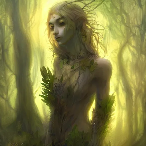 Prompt: portrait of a dryad, inspired by brian froud, inspired by dungeons and dragons, mysterious, fierce expression, yellow catlike eyes, in an evening autumn forest, trending on art station, sunset evening lighting, anime, ominous shadows by jessica rossier