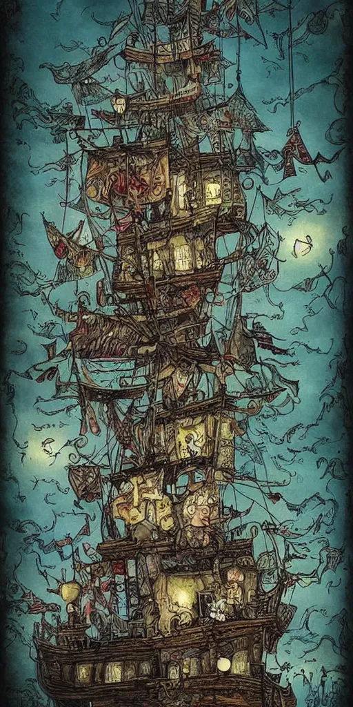 Image similar to a pirate ship scene by alexander jansson and where's waldo