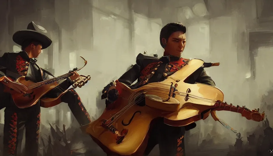 Prompt: concept art of mariachi, cinematic shot, aaa game concept art oil painting by jama jurabaev, extremely detailed, brush hard, artstation, high quality, brush stroke