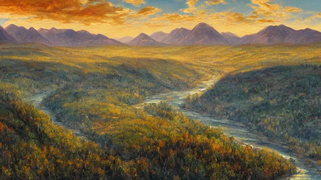 Image similar to The most beautiful panoramic landscape, oil painting, where the mountains are towering over the valley below their peaks shrouded in mist, the sun is just peeking over the horizon producing an awesome flare and the sky is ablaze with warm colors, lots of birds and stratus clouds. The river is winding its way through the valley and the trees are starting to turn yellow and red, by Greg Rutkowski
