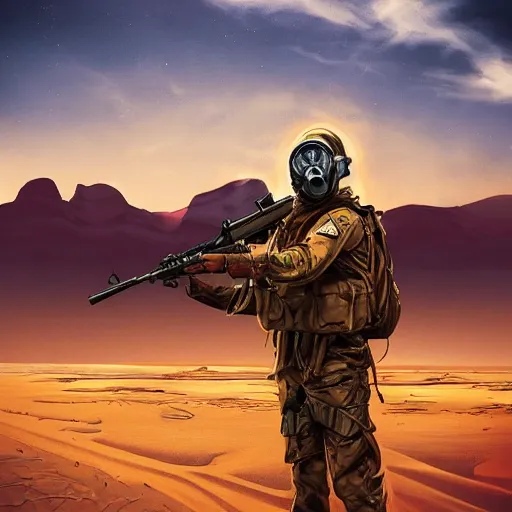 Image similar to portrait artwork of soldier wearing a gas mask holding ak-47. Desert background. Artwork by Dan Mumford, realistic cinematic lighting, ultra detailed, hyper realism